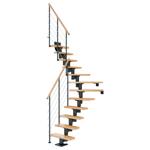 Dolle Mittelholmtreppe Dublin 1/4 gewendelt aus Buche lackiert 61 cm breit für GH 240–292 cm UK Metall Anthrazit mitlaufende Edelstahlstäbe