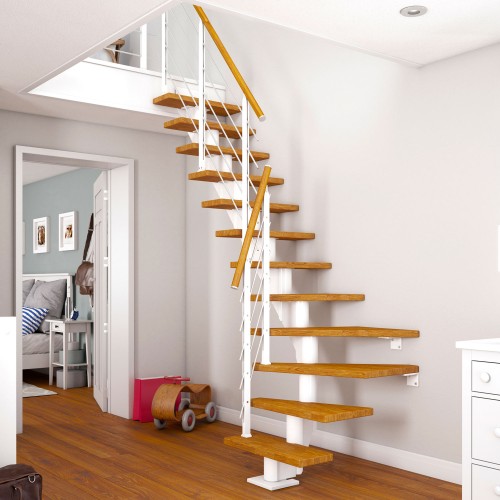 Dolle Mittelholmtreppe Frankfurt 1/4 gewendelt Eiche weiß, geölt 65 cm breit für GH 259 – 301 cm UK Metall Weiß mit Geländer