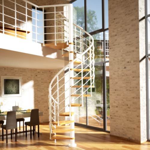 Dolle Spindeltreppe Oslo Ø160cm mit 252-276cm Geschosshöhe 11 Stufen Buche lackiert Geländer weiß, mitlaufende Kunststoffstäbe